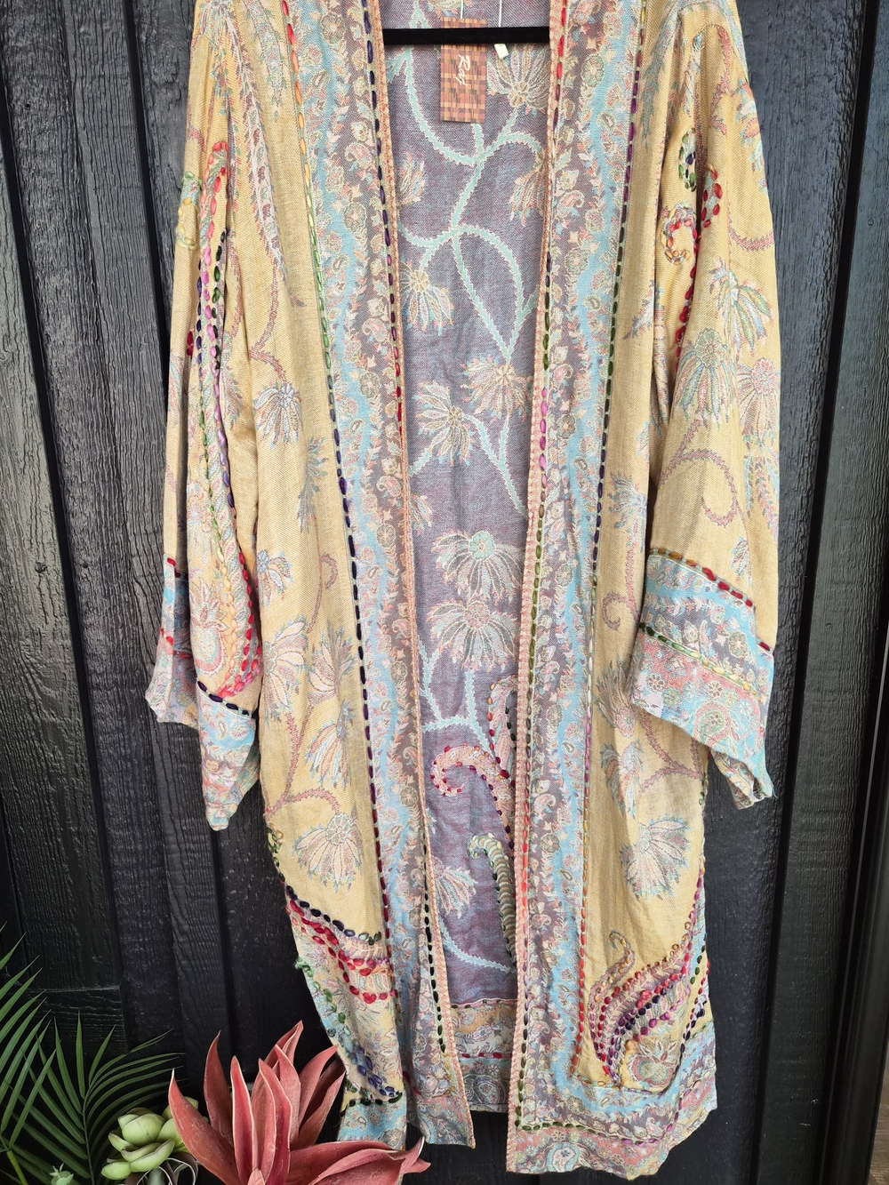 Raj Floral Embroidered Kimono Jacket in Yellow and Blue